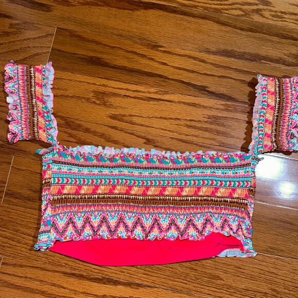 Body Glove Bliss Off The Shoulder Smocked Southwestern Print Bikini Top Size L - Picture 9 of 13